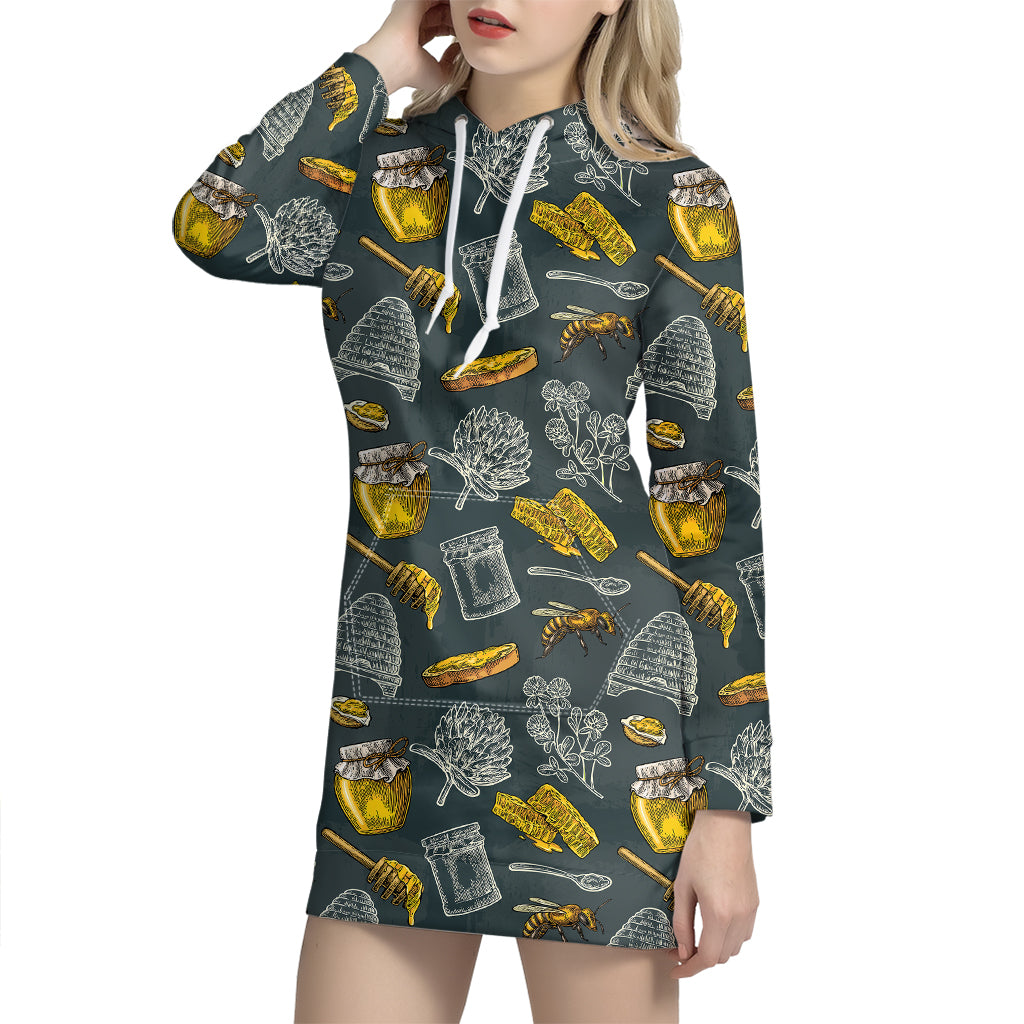 Vintage Honey Bee Print Hoodie Dress
