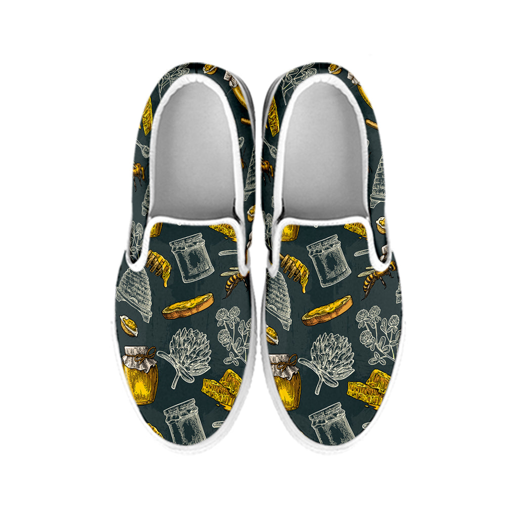 Vintage Honey Bee Print White Slip On Shoes