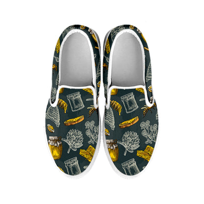 Vintage Honey Bee Print White Slip On Shoes