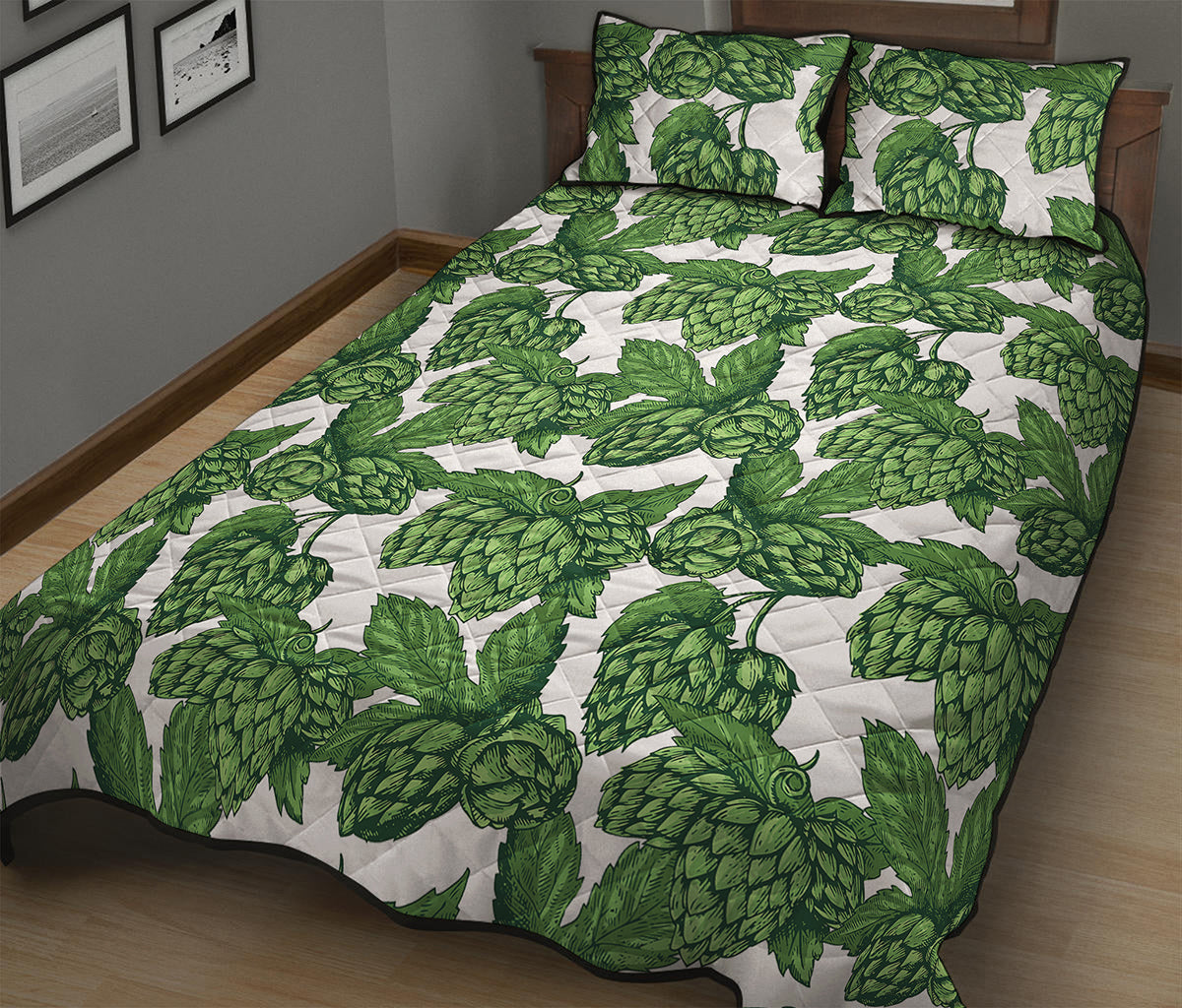 Vintage Hop Cone Pattern Print Quilt Bed Set