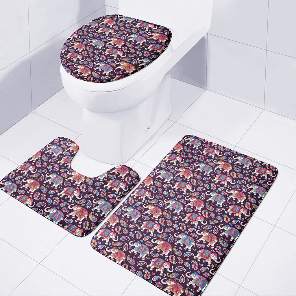 Vintage Indian Elephant Pattern Print 3 Piece Bath Mat Set