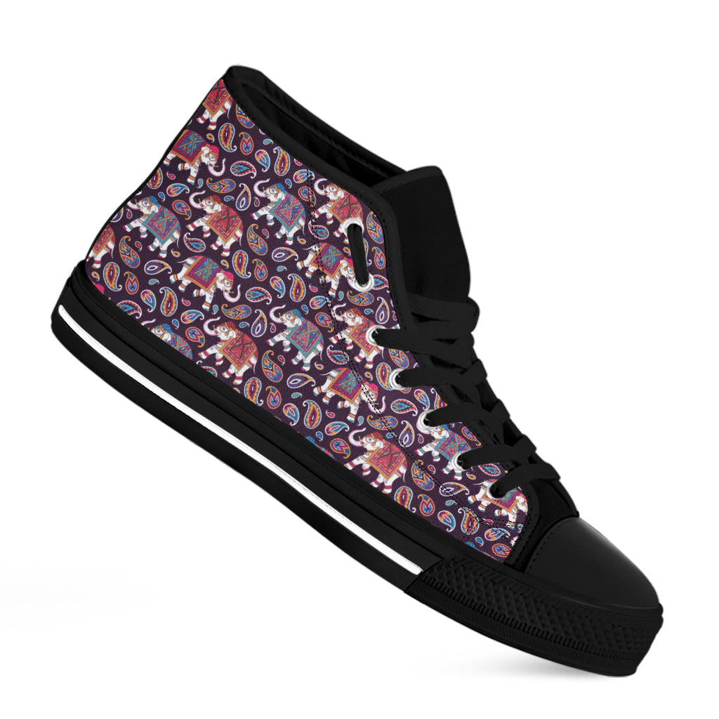 Vintage Indian Elephant Pattern Print Black High Top Shoes