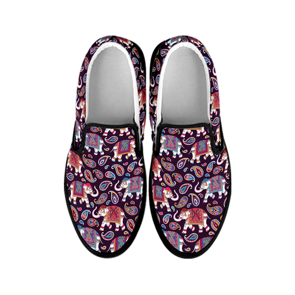 Vintage Indian Elephant Pattern Print Black Slip On Shoes