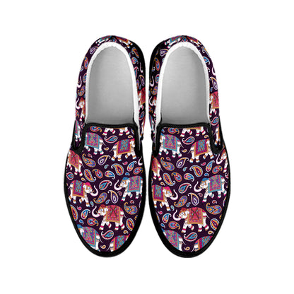 Vintage Indian Elephant Pattern Print Black Slip On Shoes