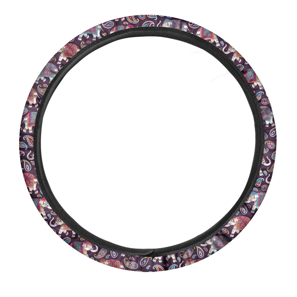 Vintage Indian Elephant Pattern Print Car Steering Wheel Cover