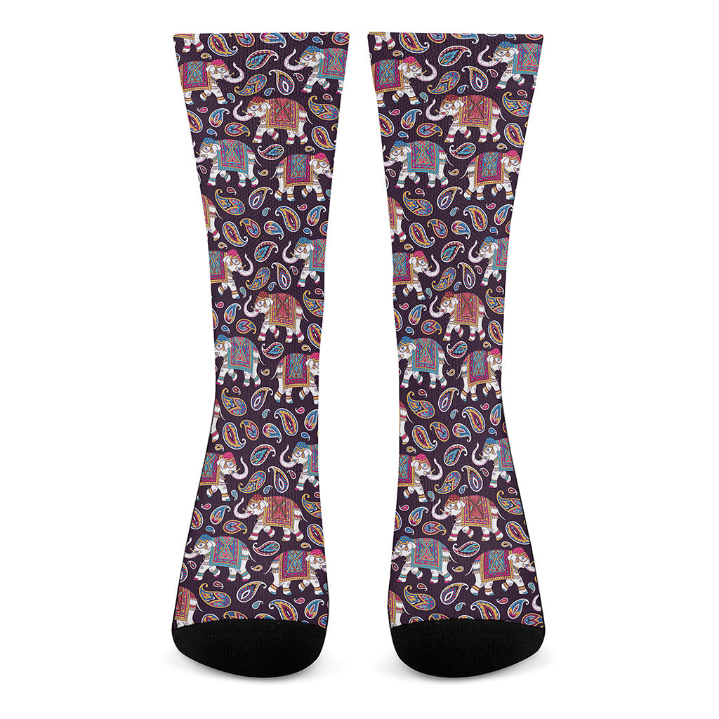 Vintage Indian Elephant Pattern Print Crew Socks