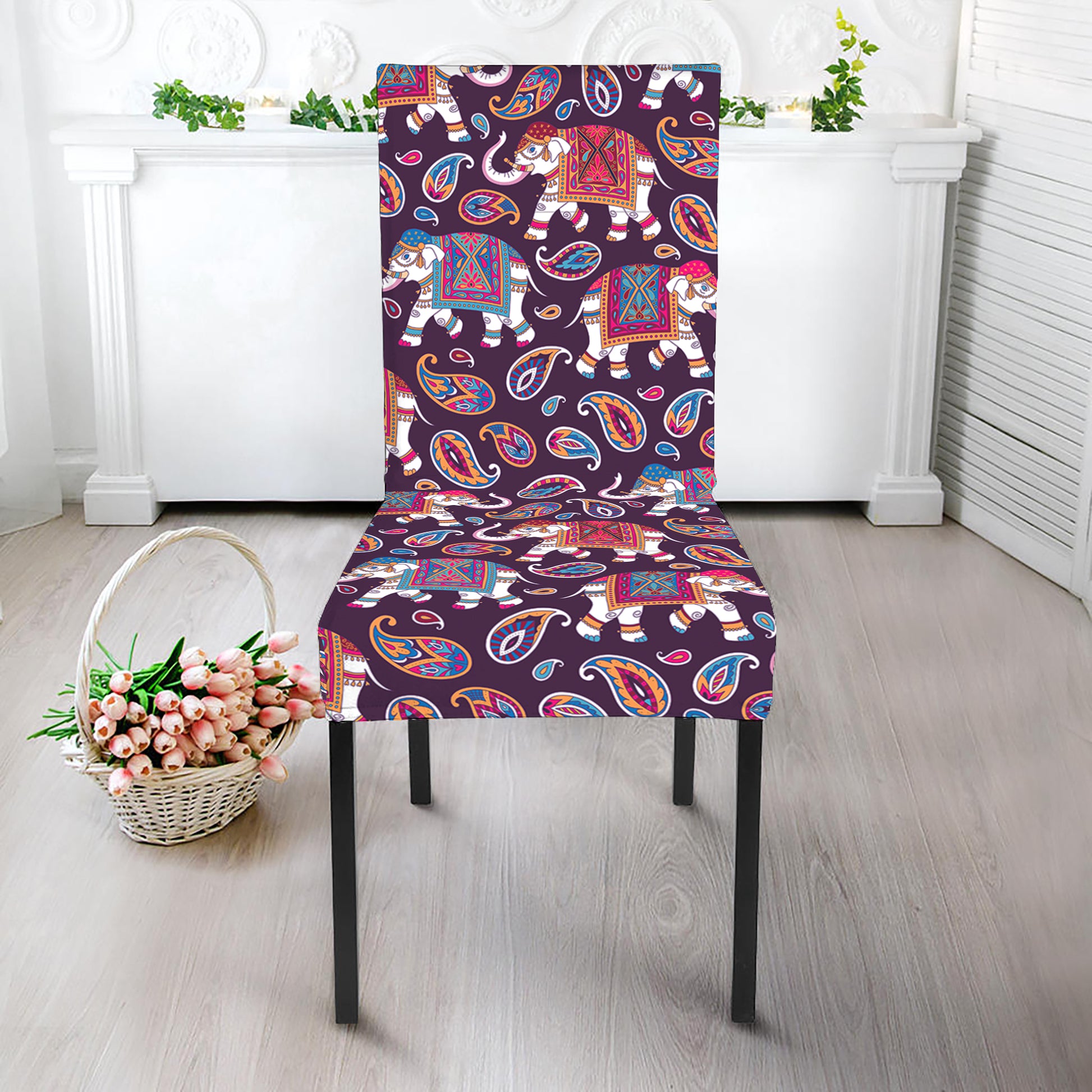 Vintage Indian Elephant Pattern Print Dining Chair Slipcover