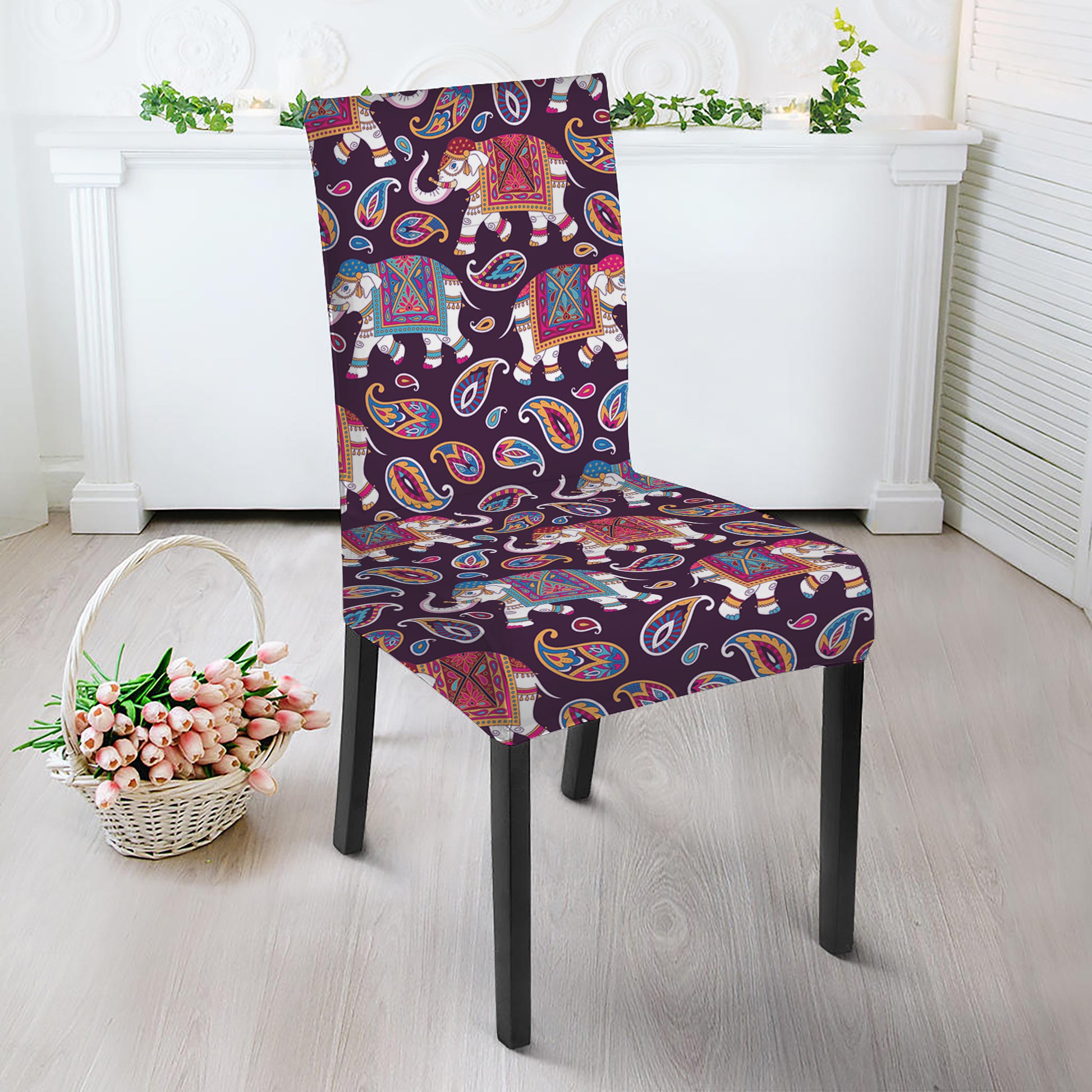 Vintage Indian Elephant Pattern Print Dining Chair Slipcover