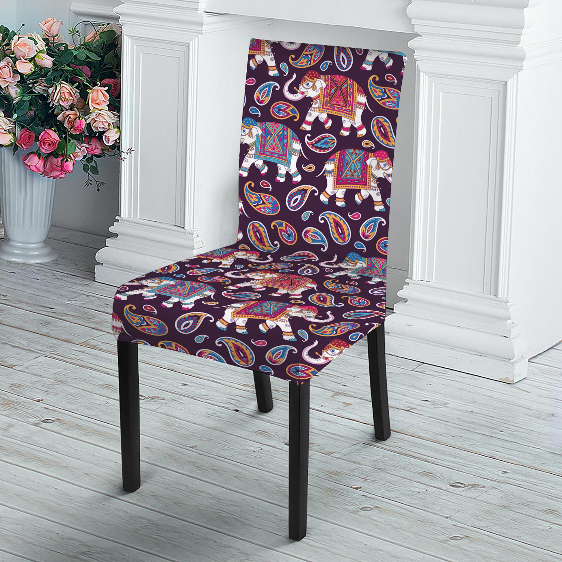 Vintage Indian Elephant Pattern Print Dining Chair Slipcover