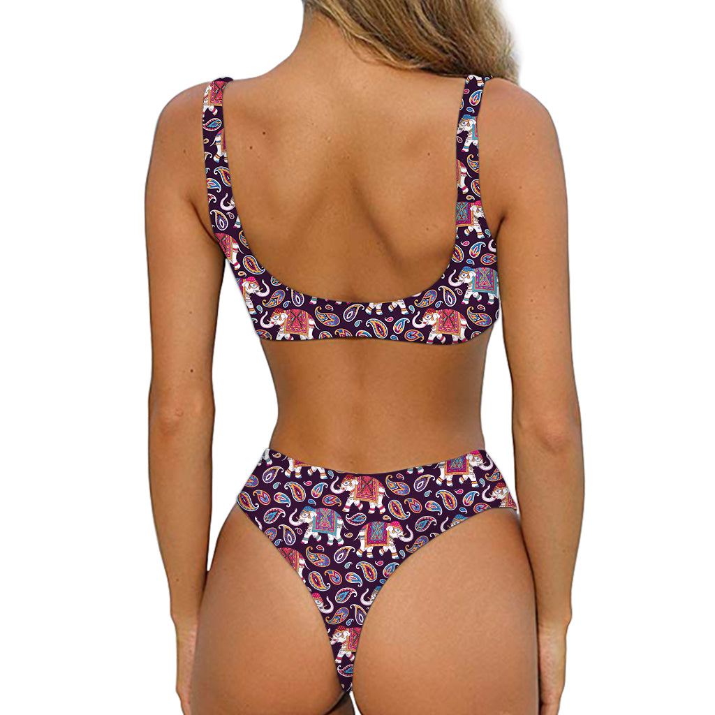 Vintage Indian Elephant Pattern Print Front Bow Tie Bikini