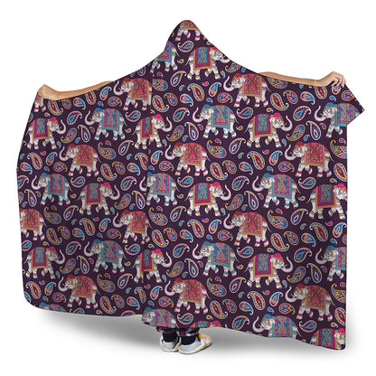Vintage Indian Elephant Pattern Print Hooded Blanket