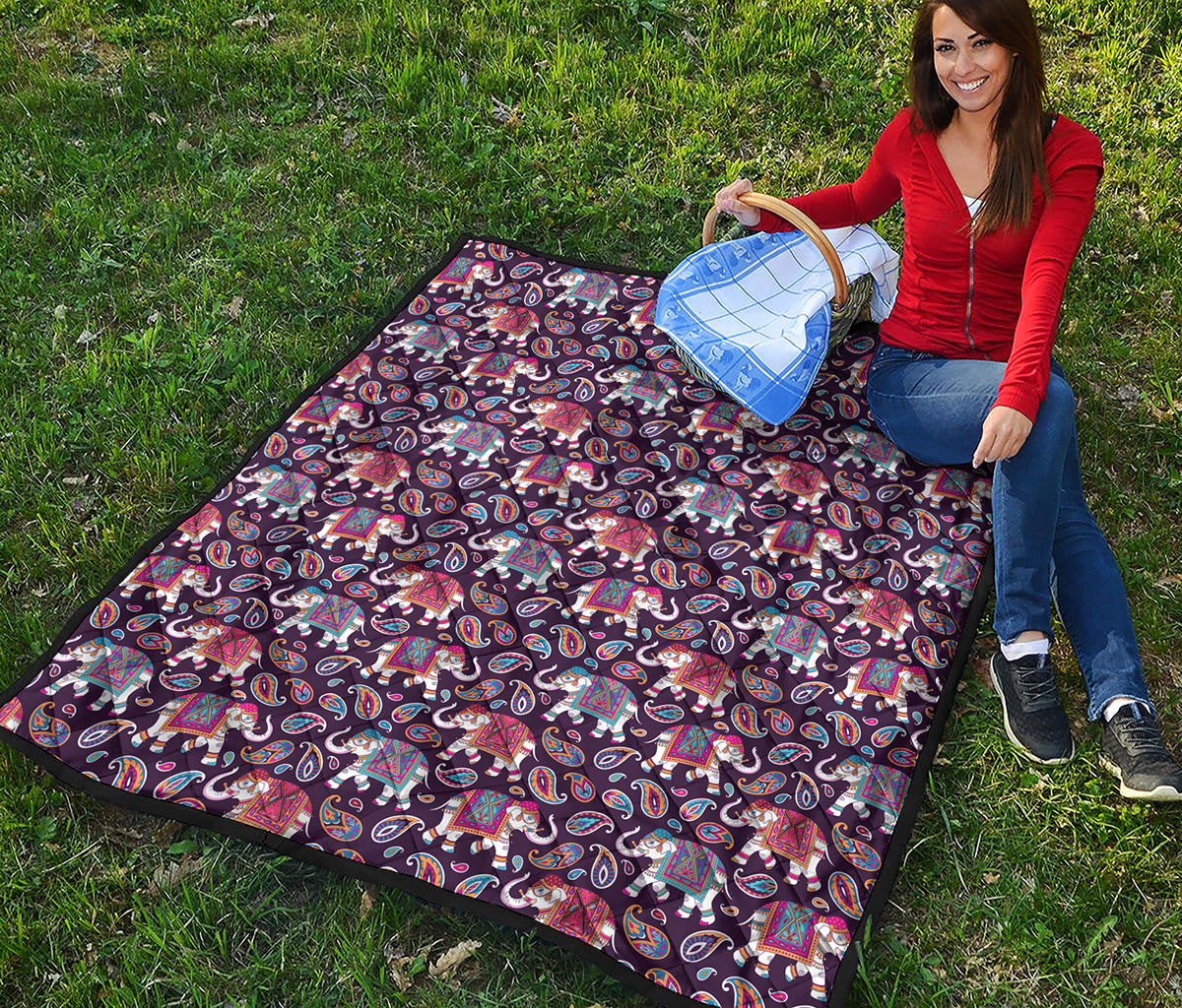 Vintage Indian Elephant Pattern Print Quilt