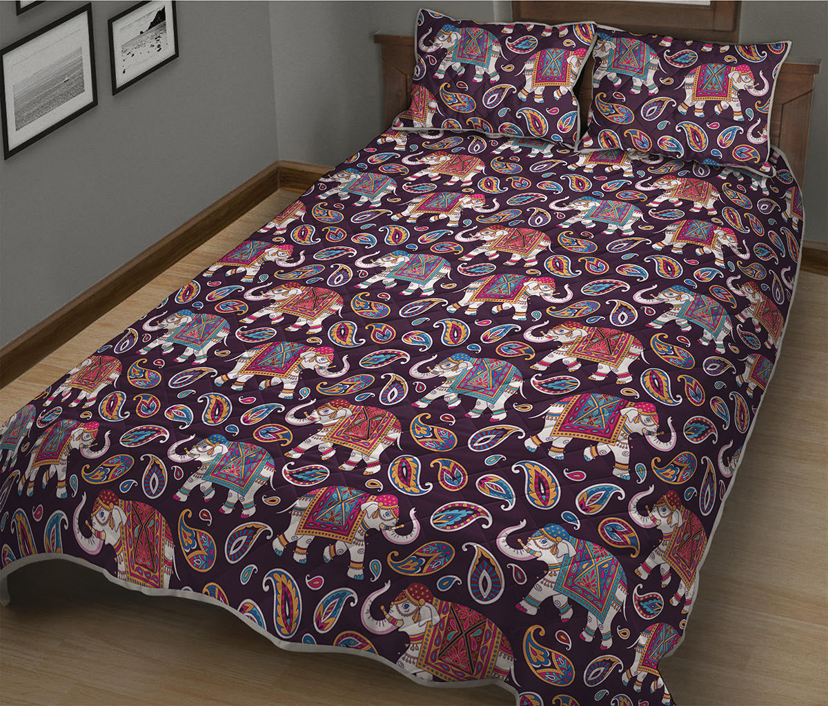 Vintage Indian Elephant Pattern Print Quilt Bed Set