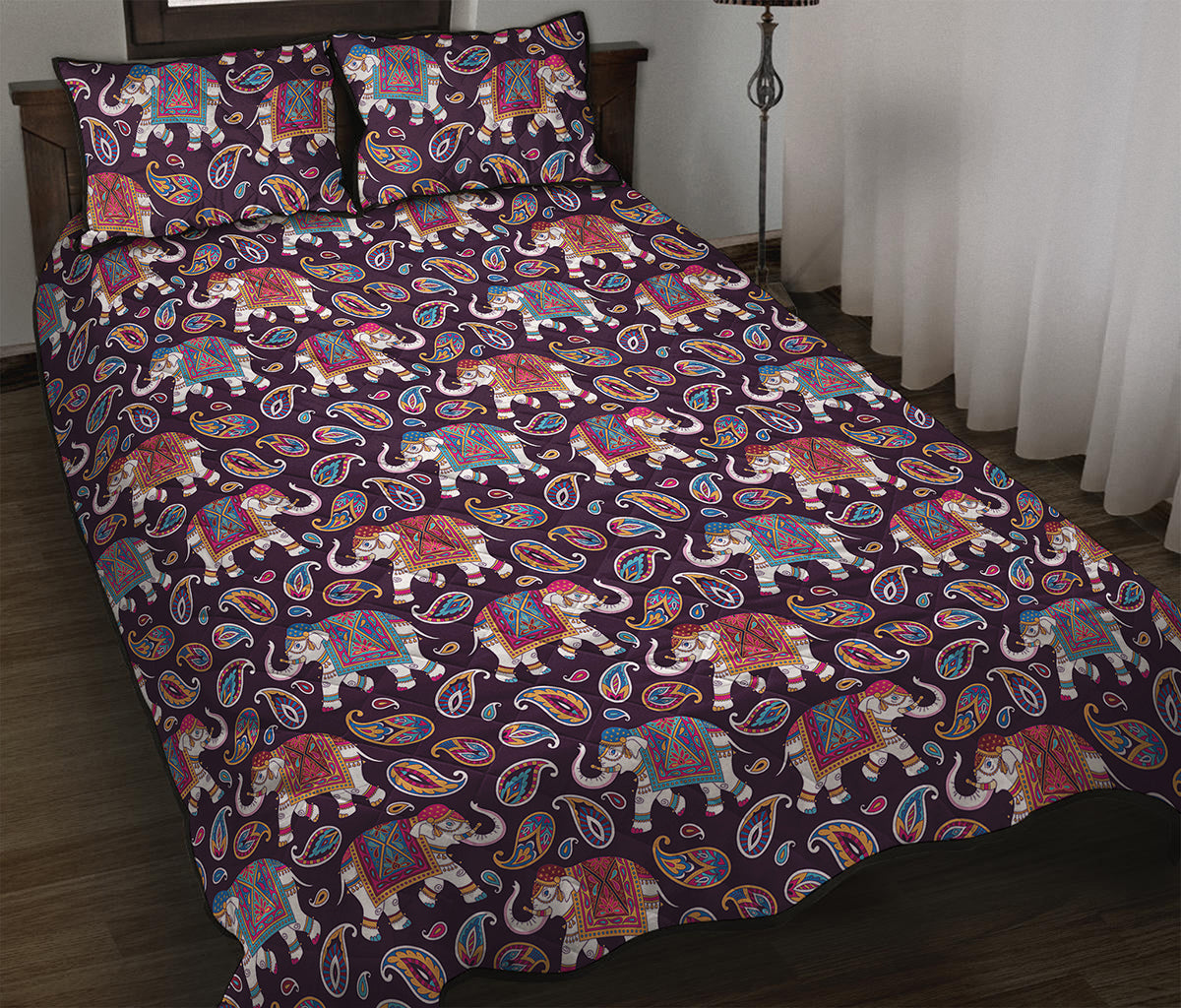 Vintage Indian Elephant Pattern Print Quilt Bed Set