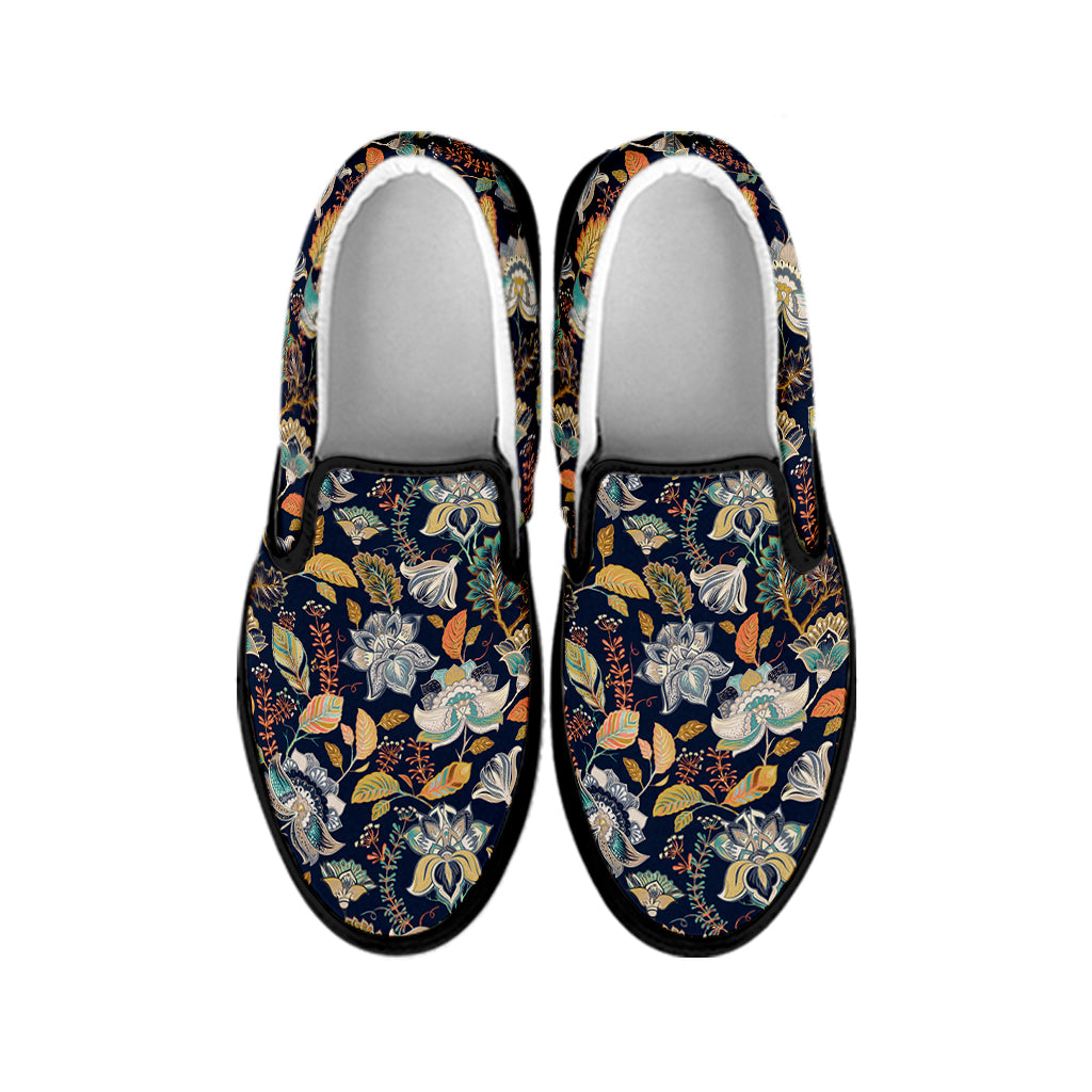 Vintage Indian Floral Pattern Print Black Slip On Shoes
