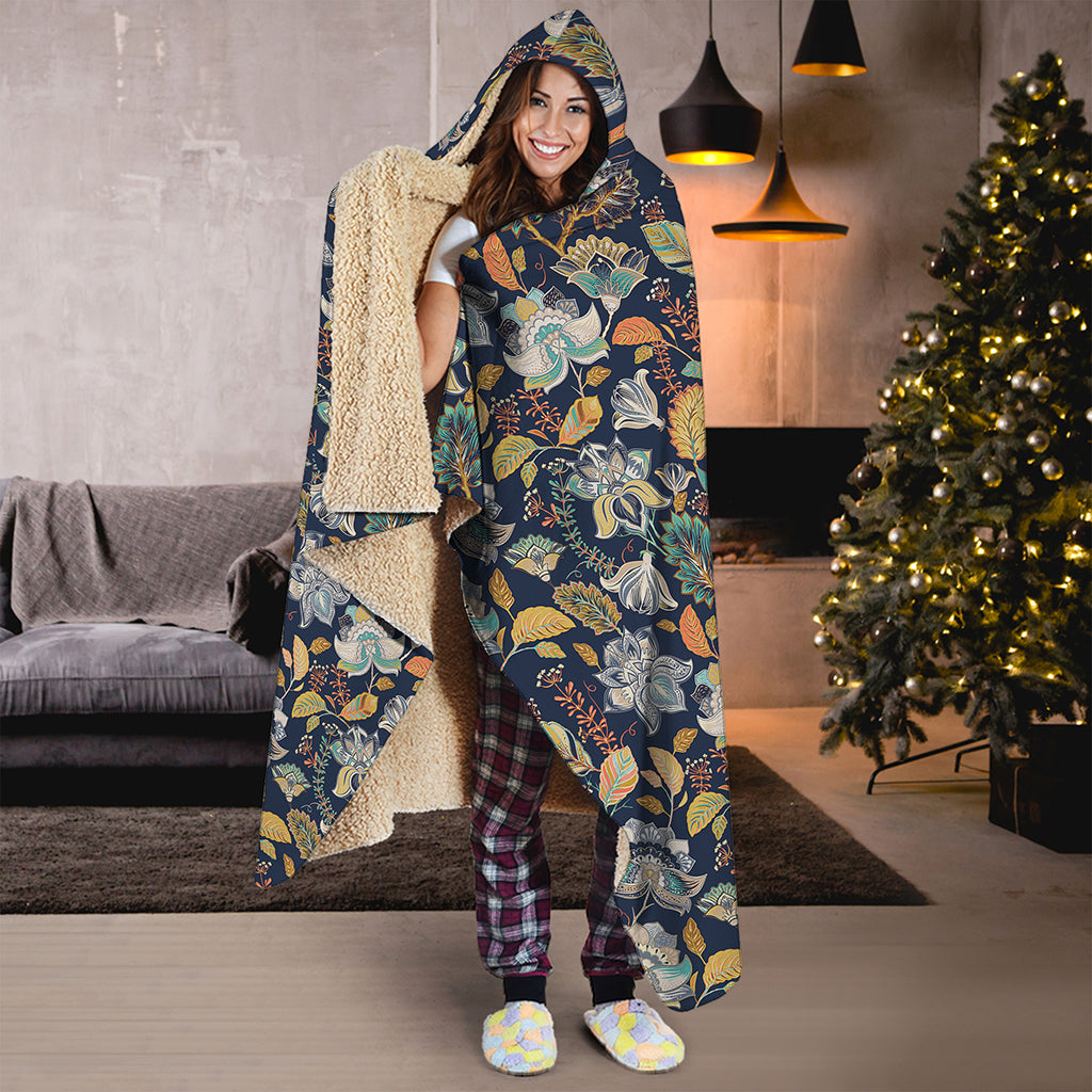 Vintage Indian Floral Pattern Print Hooded Blanket