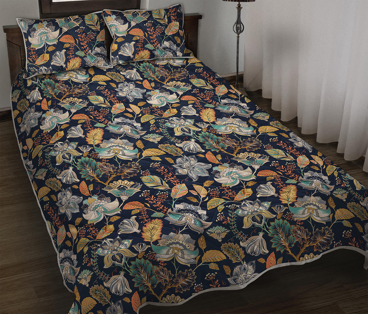Vintage Indian Floral Pattern Print Quilt Bed Set