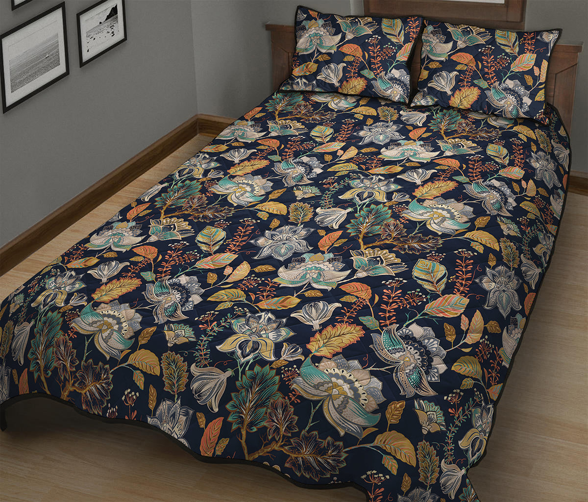 Vintage Indian Floral Pattern Print Quilt Bed Set
