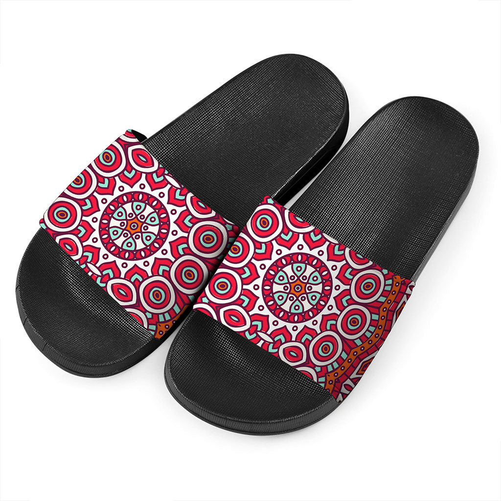 Vintage Indian Mandala Print Black Slide Sandals