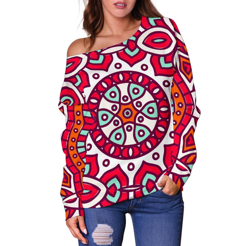 Vintage Indian Mandala Print Off Shoulder Sweatshirt GearFrost