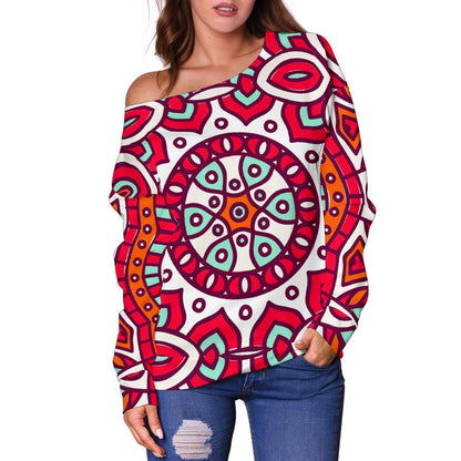 Vintage Indian Mandala Print Off Shoulder Sweatshirt GearFrost