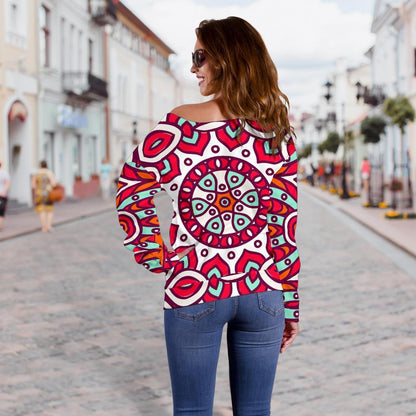 Vintage Indian Mandala Print Off Shoulder Sweatshirt GearFrost