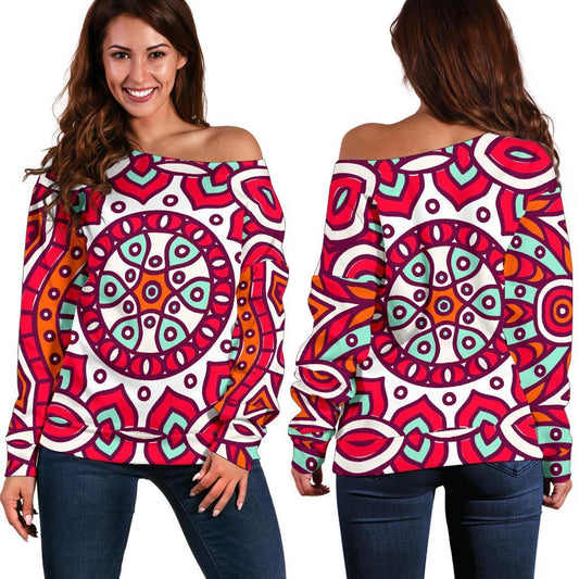 Vintage Indian Mandala Print Off Shoulder Sweatshirt GearFrost