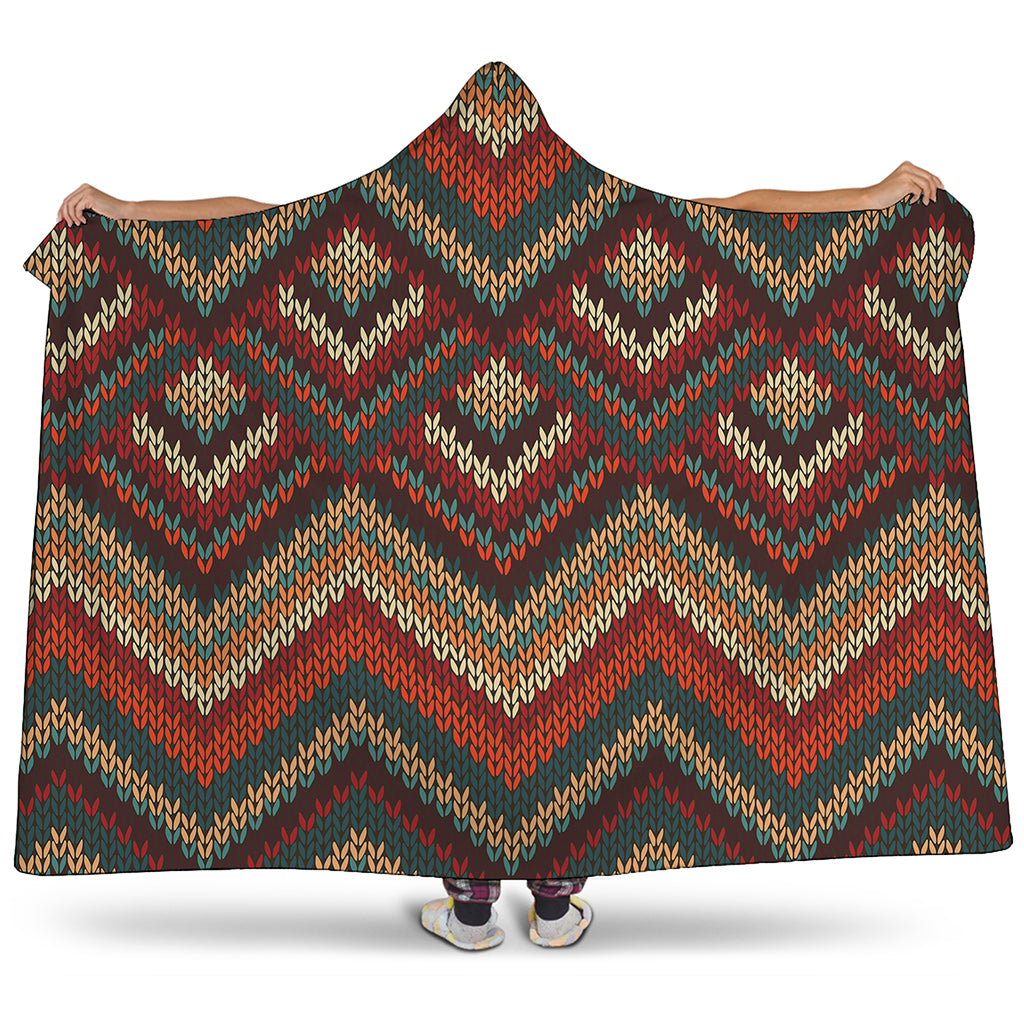 Vintage Knitted Pattern Print Hooded Blanket