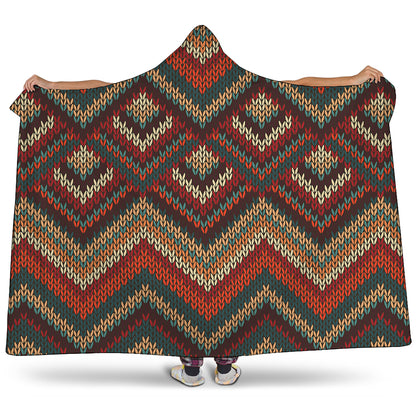Vintage Knitted Pattern Print Hooded Blanket