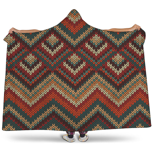 Vintage Knitted Pattern Print Hooded Blanket