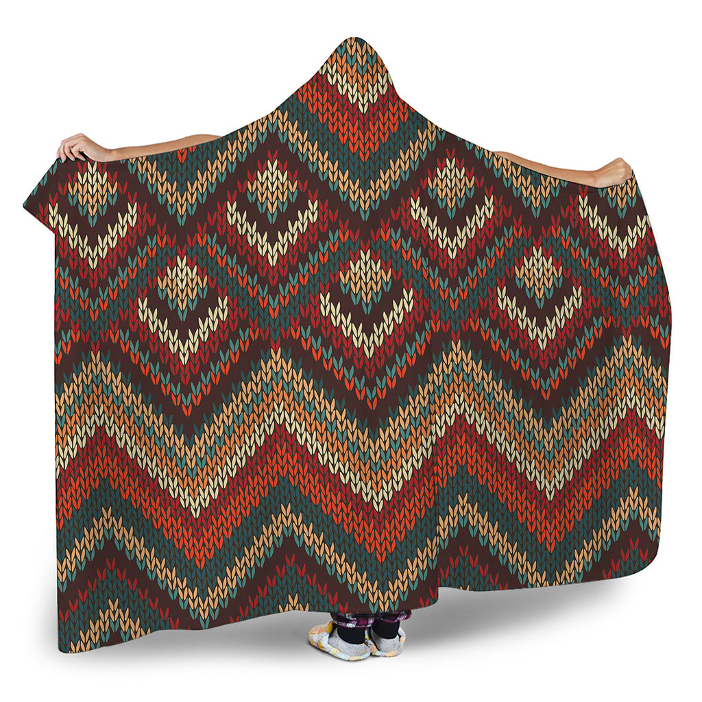Vintage Knitted Pattern Print Hooded Blanket