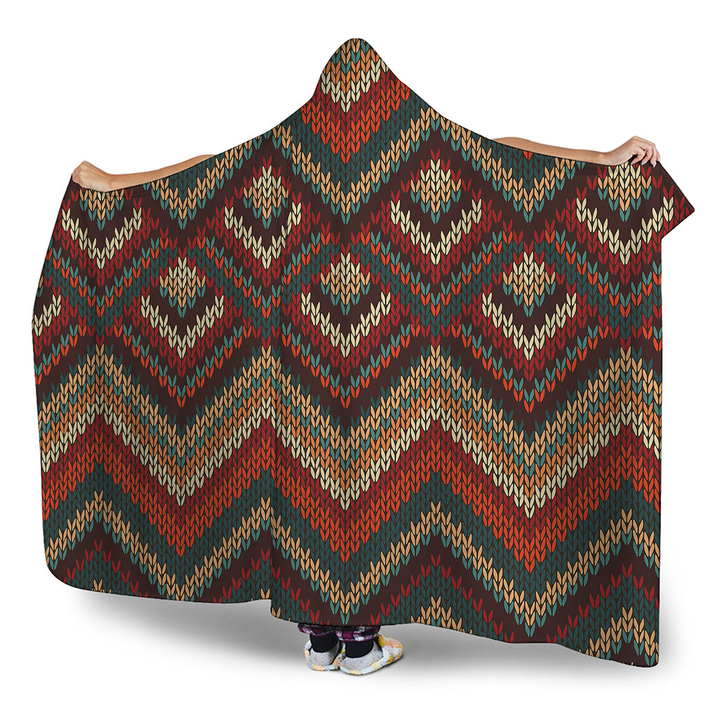Vintage Knitted Pattern Print Hooded Blanket