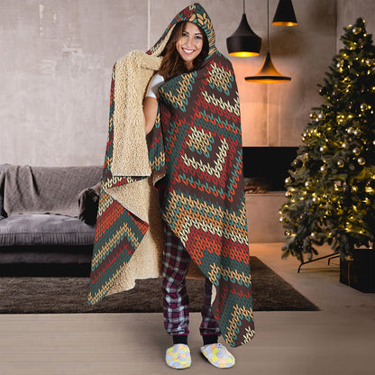 Vintage Knitted Pattern Print Hooded Blanket