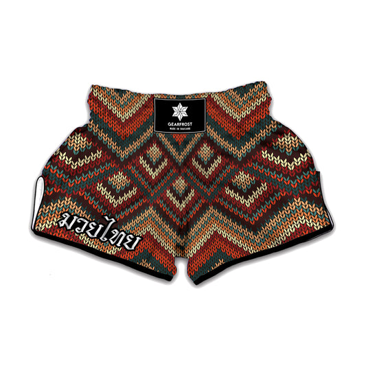 Vintage Knitted Pattern Print Muay Thai Boxing Shorts