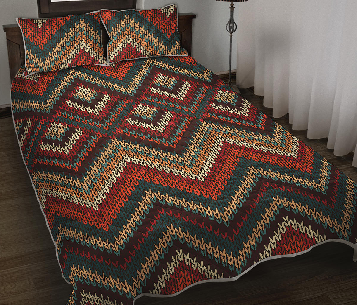 Vintage Knitted Pattern Print Quilt Bed Set