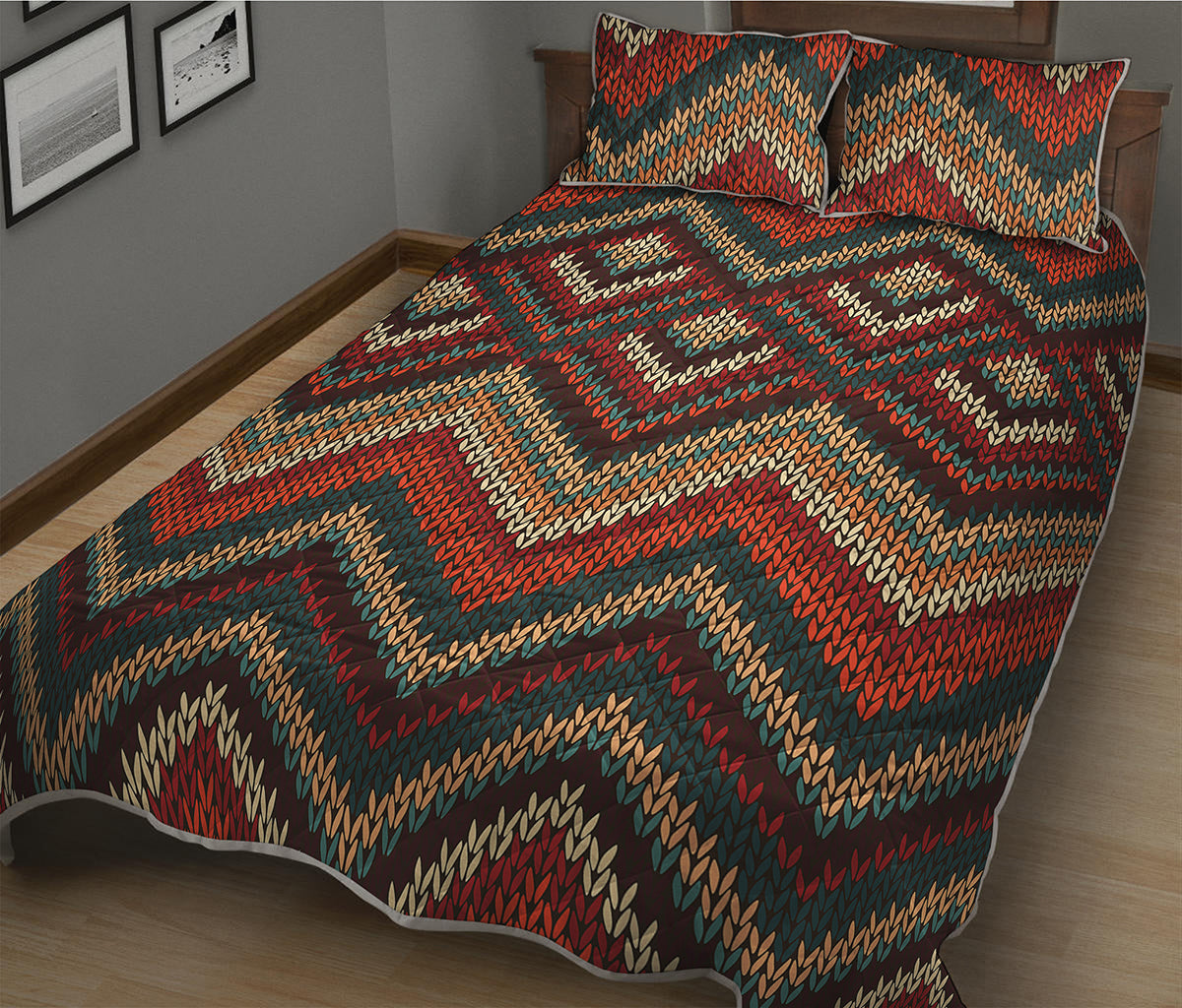 Vintage Knitted Pattern Print Quilt Bed Set