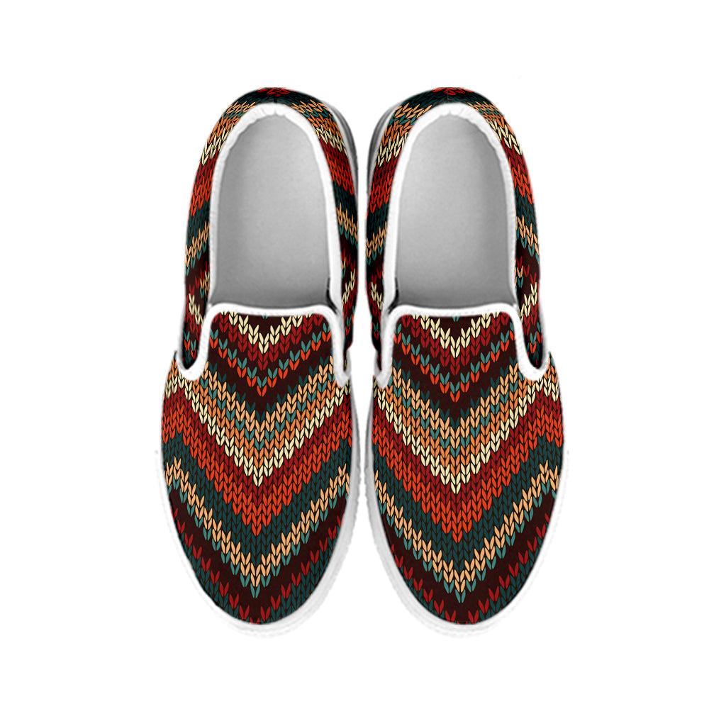 Vintage Knitted Pattern Print White Slip On Shoes