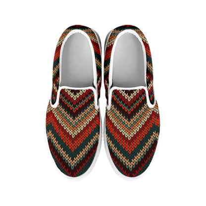 Vintage Knitted Pattern Print White Slip On Shoes