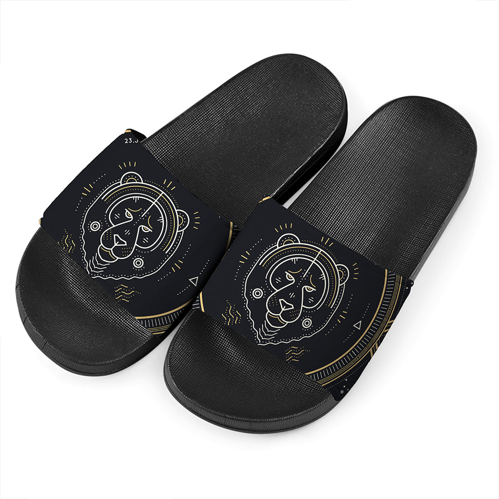 Vintage Leo Zodiac Sign Print Black Slide Sandals