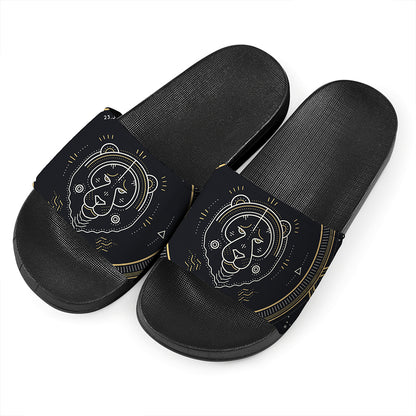 Vintage Leo Zodiac Sign Print Black Slide Sandals