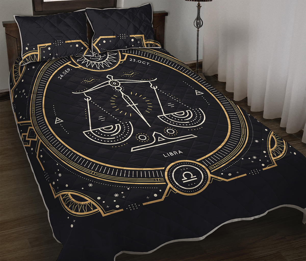 Vintage Libra Zodiac Sign Print Quilt Bed Set
