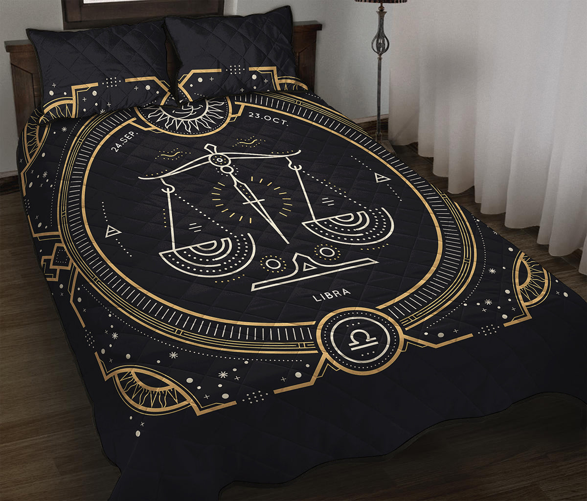 Vintage Libra Zodiac Sign Print Quilt Bed Set