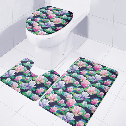 Vintage Lotus Floral Print 3 Piece Bath Mat Set