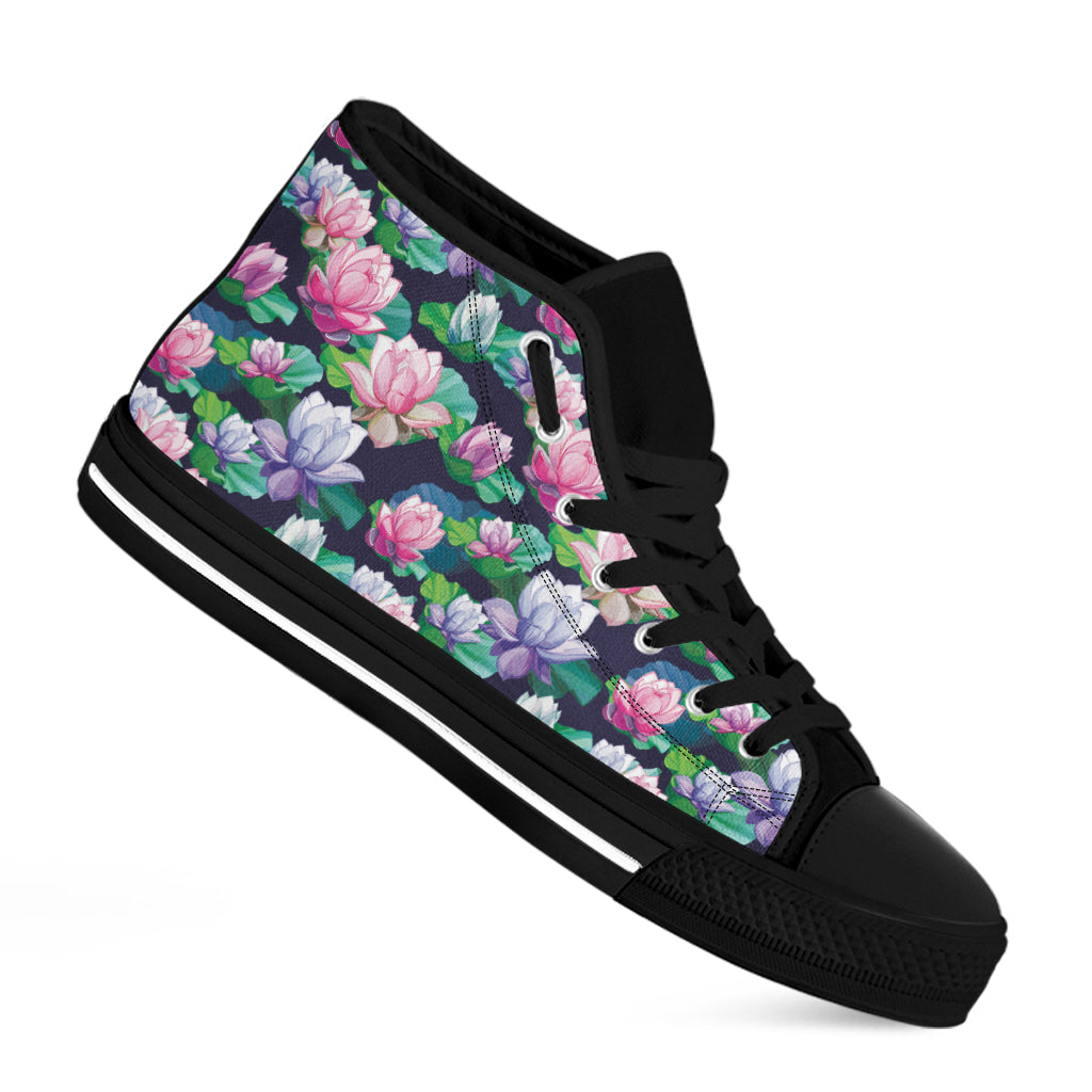 Vintage Lotus Floral Print Black High Top Shoes
