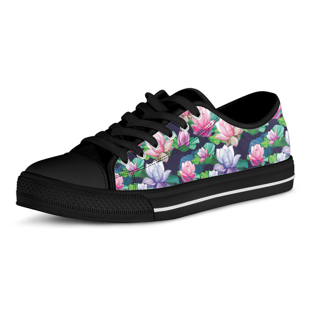 Vintage Lotus Floral Print Black Low Top Shoes
