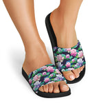 Vintage Lotus Floral Print Black Slide Sandals