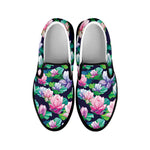 Vintage Lotus Floral Print Black Slip On Shoes