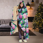 Vintage Lotus Floral Print Hooded Blanket