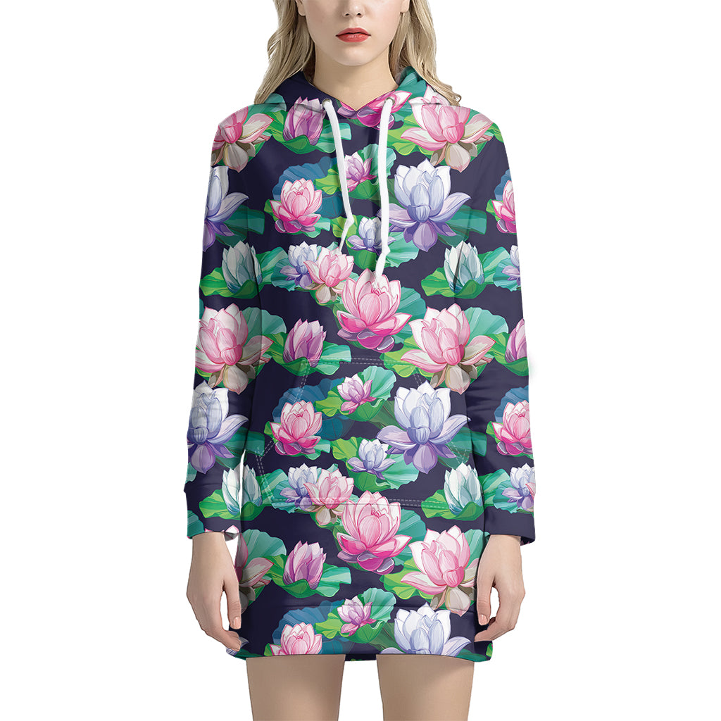 Vintage Lotus Floral Print Hoodie Dress