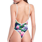 Vintage Lotus Floral Print One Piece High Cut Swimsuit